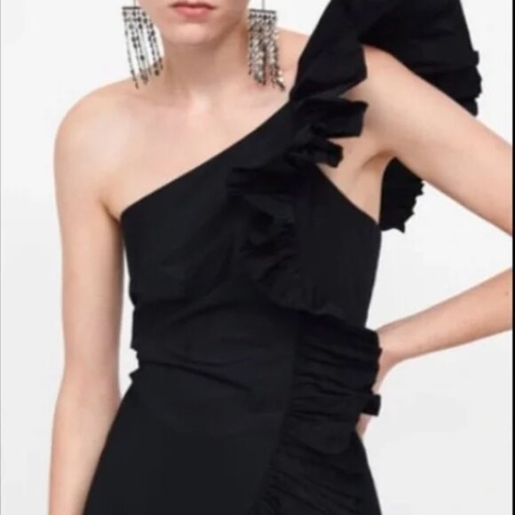 Zara Woman Black One-Shoulder Ruffle Mini Dress - Picture 2 of 10